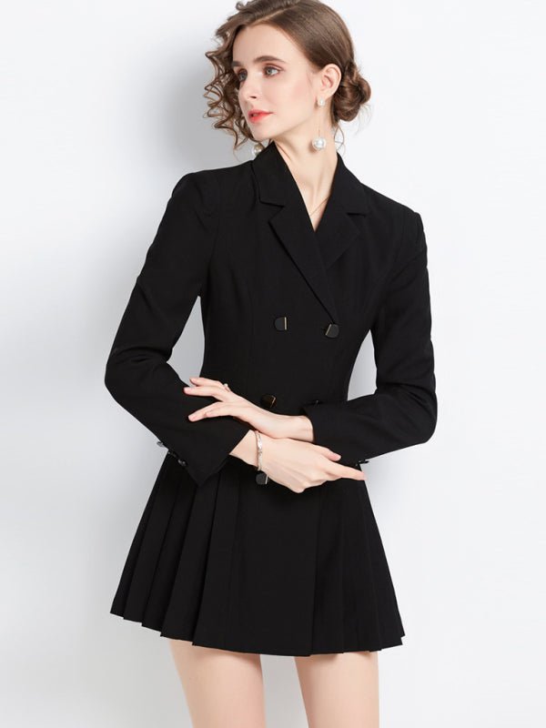 Long - sleeved suit collar double - breasted black jacket dress - Choice SelectionsJacket