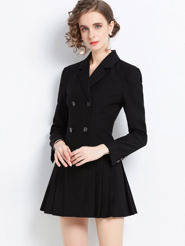 Long - sleeved suit collar double - breasted black jacket dress - Choice SelectionsJacket