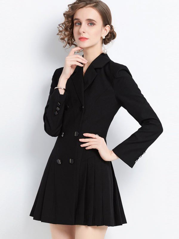 Long - sleeved suit collar double - breasted black jacket dress - Choice SelectionsJacket