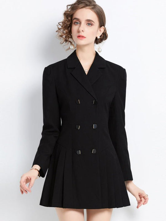 Long - sleeved suit collar double - breasted black jacket dress - Choice SelectionsJacket