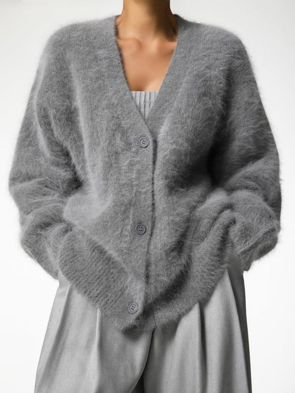 Loose Long Sleeve Woollen V - Neck Cardigan - Choice Selections