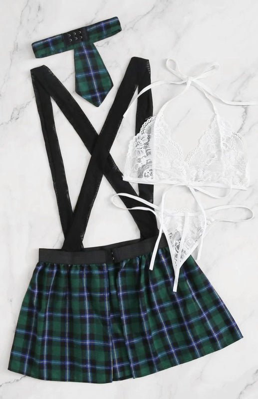 Plaid Babydoll Skirt and Lace Bralette Set with Necktie - Choice SelectionsLingerie