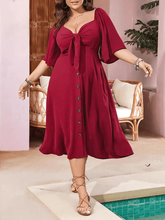 Plus Size Bow V - Neck Short - Sleeved Dress - Choice SelectionsDress