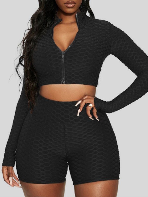 Textured Zip - Up Crop Top and High - Waist Shorts Set - Choice Selections