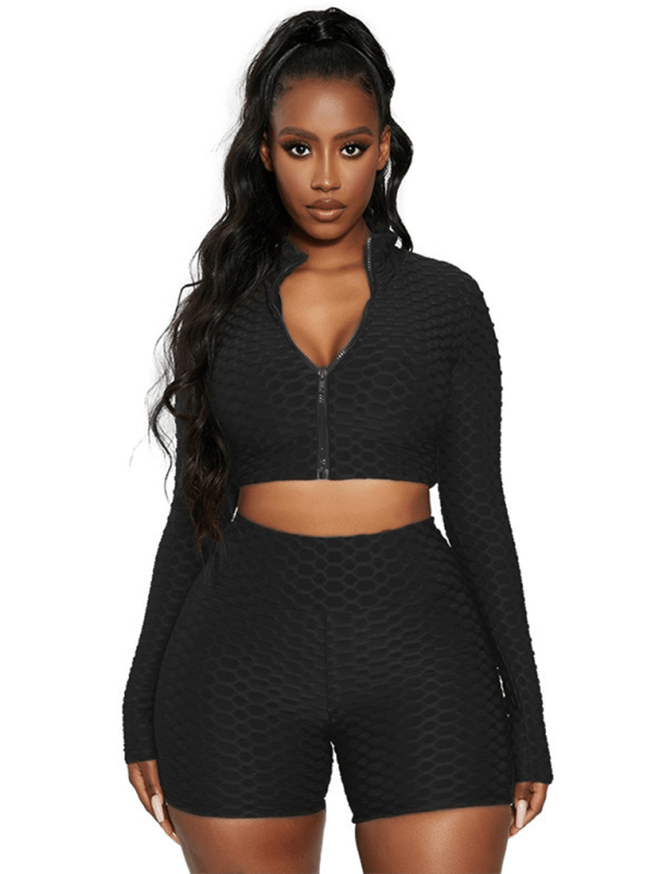 Textured Zip - Up Crop Top and High - Waist Shorts Set - Choice Selections